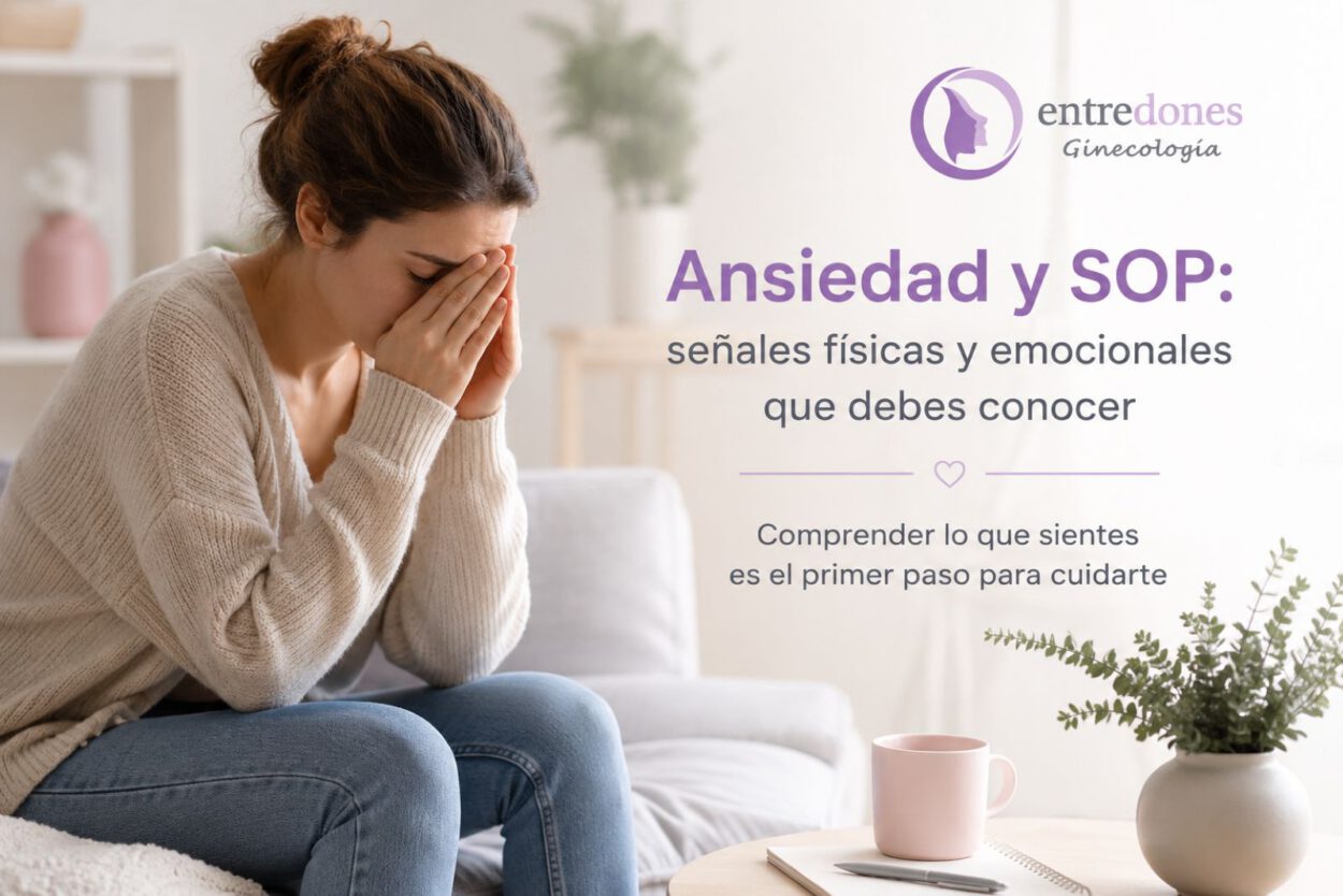Mujer con ansiedad asociada al SOP representando los síntomas físicos y emocionales.