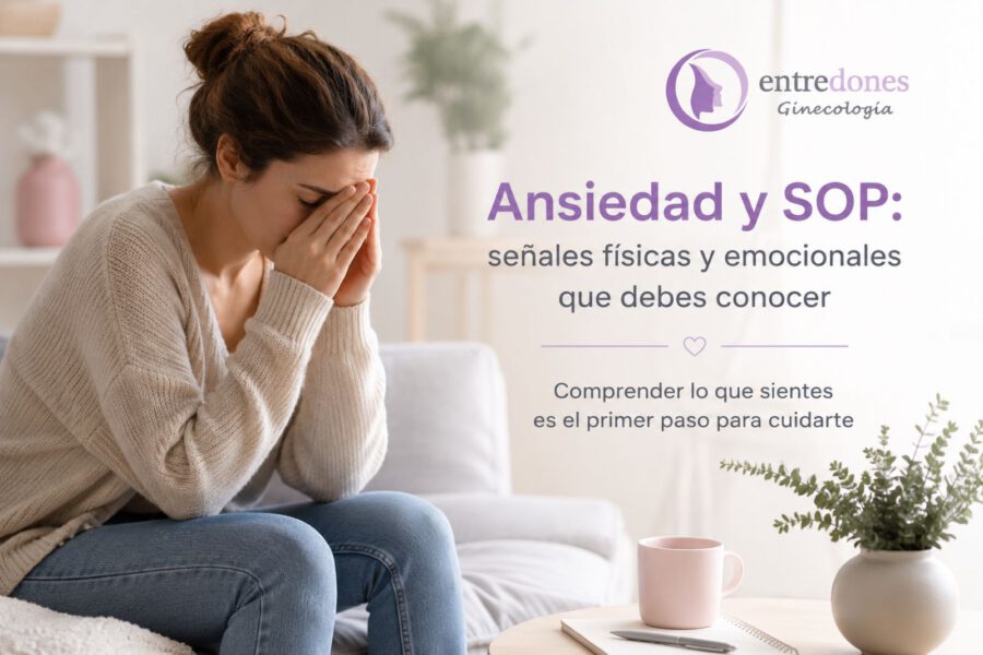 Mujer con ansiedad asociada al SOP representando los síntomas físicos y emocionales.