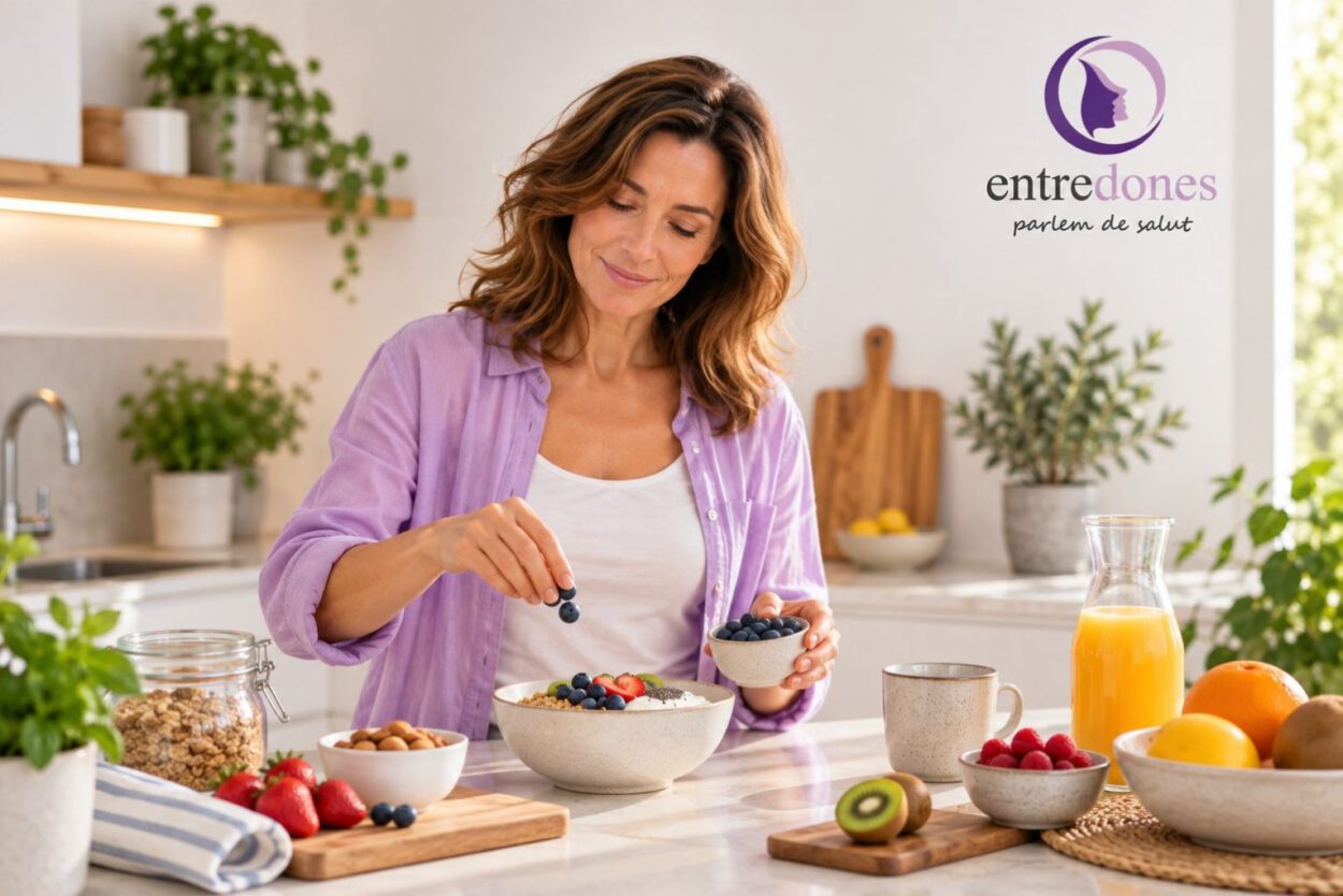 Mujer preparando un desayuno saludable durante la menopausia.